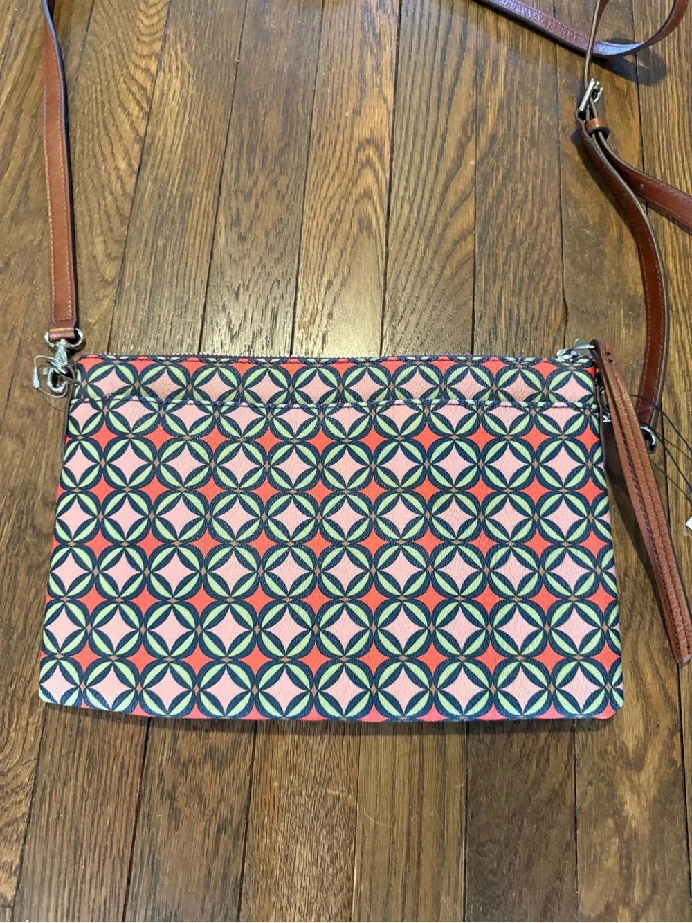 Fossil Sydney Pink Geometric Print Crossbody with Brown Leather Trim